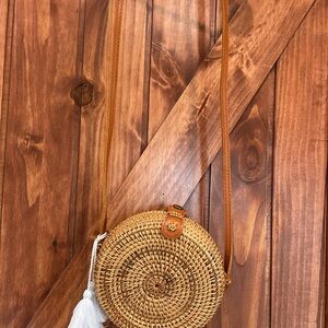 Round Woven Rattan Crossbody Bag with Tassel